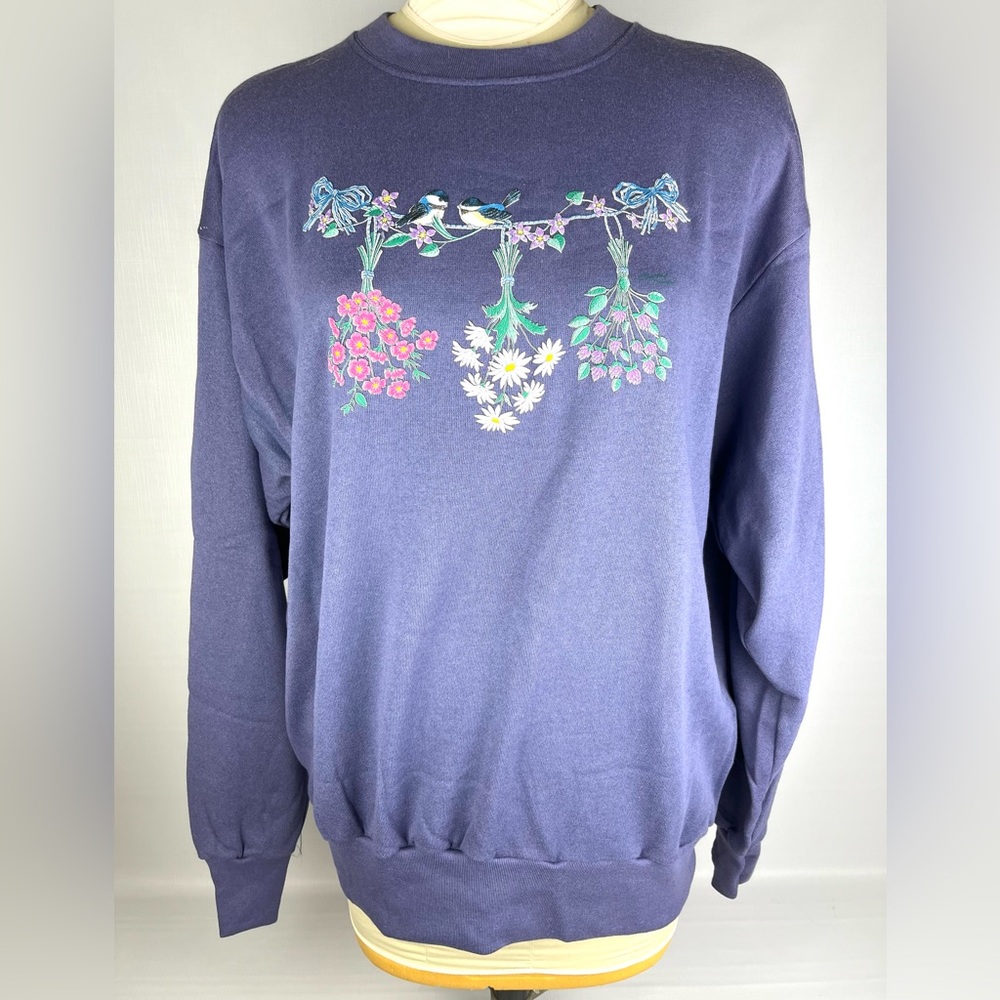 NOS Vintage 90s Y2K XL Sweatshirt Womens Purple, Textured Floral Birds, Granny